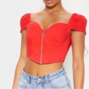 Red Zip Front Puff Sleeve Top